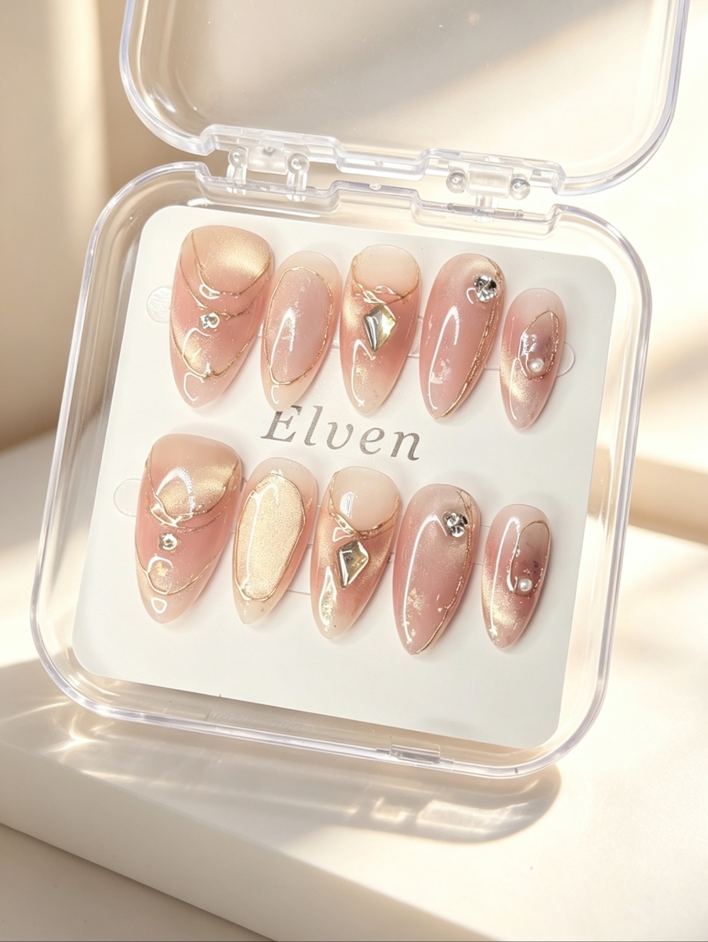 Blush Nude And Pink Cat Eye Almond Press On Nails With Rhinestone